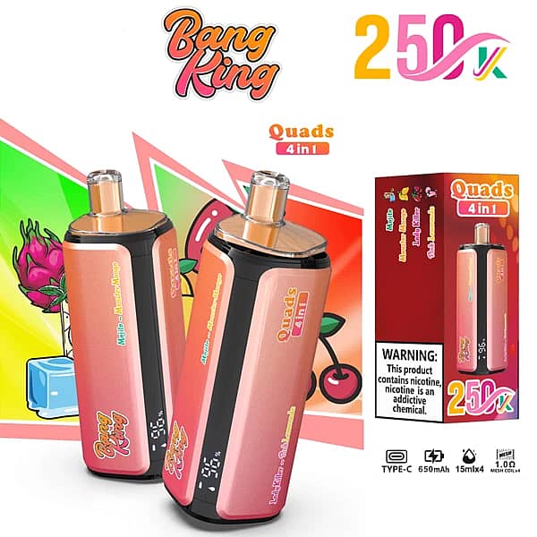 Bang King 250K Quads 4 in 1 disposable vape in Mojito, Monster Mango, Lady Killer, and Pink Lemonade flavors with product box packaging