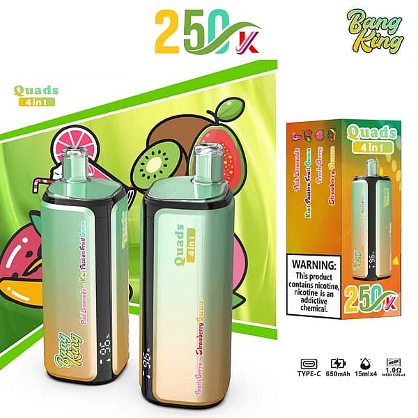 Bang King 250K Quads 4 in 1 disposable vape in Pink Lemonade, Kiwi Passion Fruit Guava, Peach Berry, and Strawberry Banana flavors with product box packaging