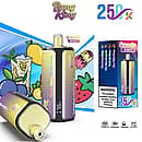 Bang King 250K Quads 4 in 1 disposable vape in Strawberry Mango, Blue Razz Lemonade, Vanilla Ice Cream, and Sour Triple Berry flavors with product box packaging