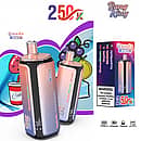 Bang King 250K Quads 4 in 1 disposable vape in Strawberry Watermelon, Cherry Cola, Juicy Peach Ice, and Grapefruit Refresher flavors with product box packaging