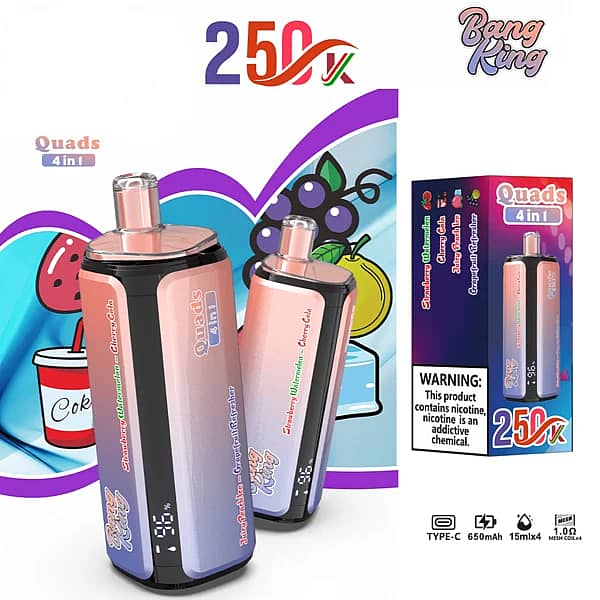Bang King 250K Quads 4 in 1 disposable vape in Strawberry Watermelon, Cherry Cola, Juicy Peach Ice, and Grapefruit Refresher flavors with product box packaging