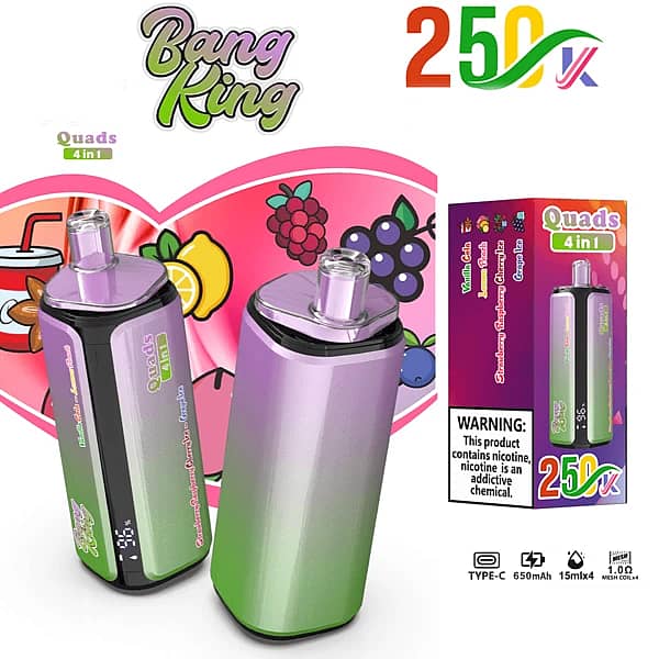 Bang King 250K Quads 4 in 1 disposable vape in Vanilla Cola, Lemon Peach, Strawberry Raspberry Cherry Ice, and Grape Ice flavors with product box packaging