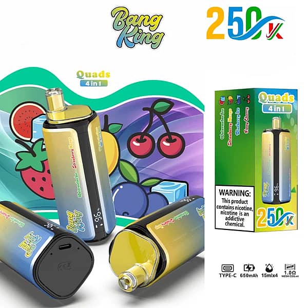 Bang King 250K Quads 4 in 1 disposable vape in Watermelon Ice, Strawberry Mango, Blueberry Ice, and Fizzy Cherry flavors with product box packaging