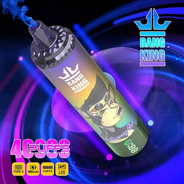 Bang King 40K disposable vape in Blueberry Grape flavor with 40000 puffs, Type-C charging, 1000mAh battery, and 1.0&Omega; mesh coil