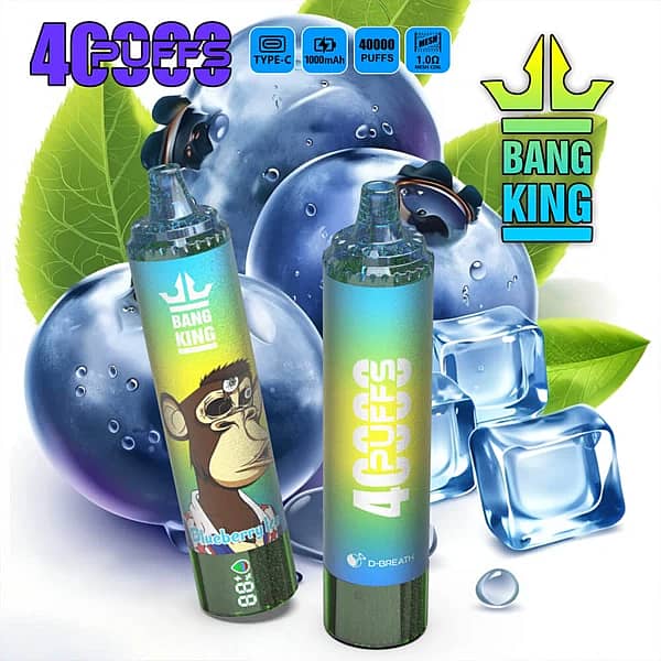 Bang King 40K disposable vape in Blueberry Ice flavor with 40000 puffs, Type-C charging, 1000mAh battery, and 1.0&Omega; mesh coil