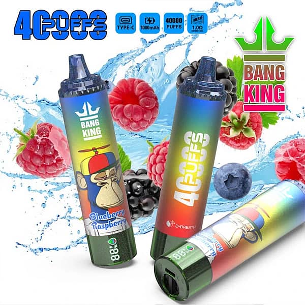 Bang King 40K disposable vape in Blueberry Raspberry flavor with 40000 puffs, Type-C charging, 1000mAh battery, and 1.0&Omega; mesh coil