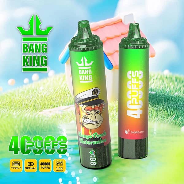 Bang King 40K disposable vape in Mango Peach Watermelon flavor with 40000 puffs, Type-C charging, 1000mAh battery, and 1.0&Omega; mesh coil
