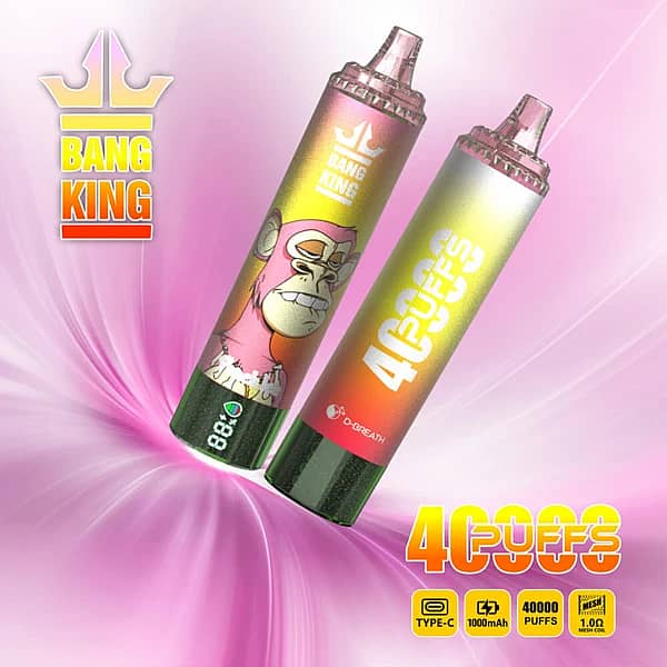 Bang King 40K disposable vape in Peach Ice flavor with 40000 puffs, Type-C charging, 1000mAh battery, and 1.0&Omega; mesh coil