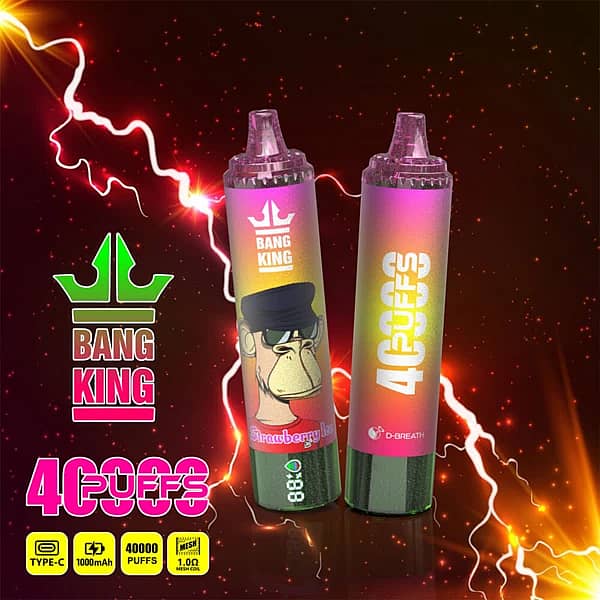 Bang King 40K disposable vape in Strawberry Ice flavor with 40000 puffs, Type-C charging, 1000mAh battery, and 1.0&Omega; mesh coil