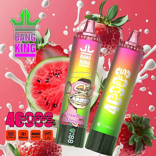 Bang King 40K disposable vape in Strawberry Watermelon flavor with 40000 puffs, Type-C charging, 1000mAh battery, and 1.0&Omega; mesh coil