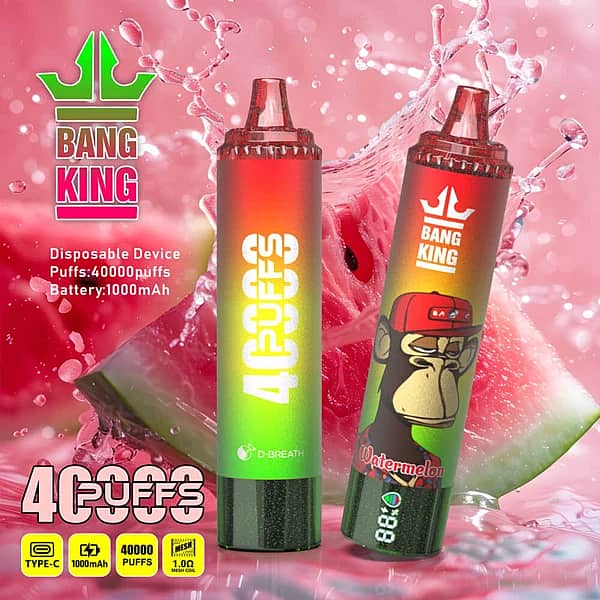 Bang King 40K disposable vape in Watermelon flavor with 40000 puffs, Type-C charging, 1000mAh battery, and 1.0&Omega; mesh coil