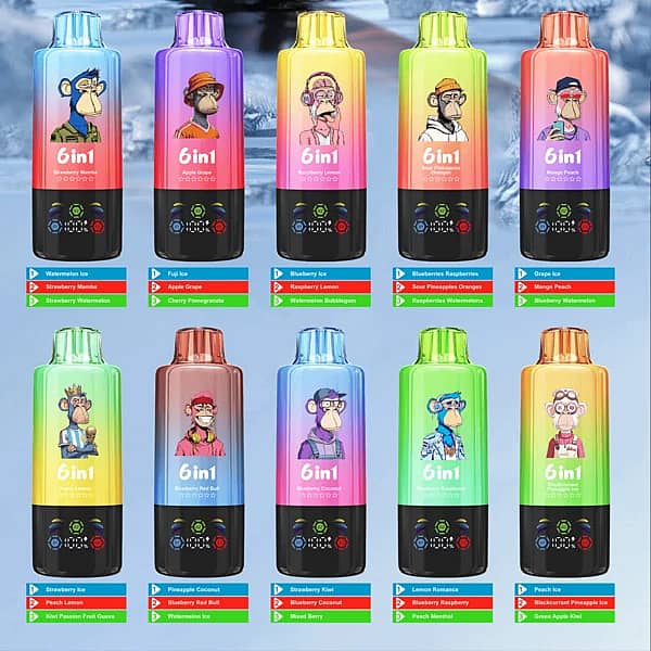 Bang Leader 110K flavors list image showing 6 in 1 adjustable disposable vape combinations, including Watermelon Ice, Fuji Ice, Blueberry Ice, Grape Ice, Strawberry Ice, Pineapple Coconut, Lemon Romance, Peach Ice, and more