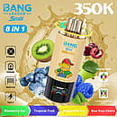 Bang Leader Stoll 350K 8 in 1 disposable vape in Blueberry Ice, Tropical Fruit, Apple Kiwi Ice, and Blue Razz Cherry flavors with up to 350000 puffs, mesh coil, 650mAh battery, and Type-C charging
