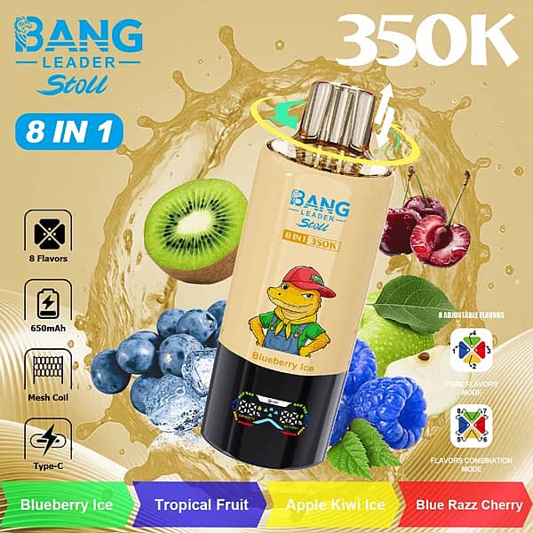 Bang Leader Stoll 350K 8 in 1 disposable vape in Blueberry Ice, Tropical Fruit, Apple Kiwi Ice, and Blue Razz Cherry flavors with up to 350000 puffs, mesh coil, 650mAh battery, and Type-C charging