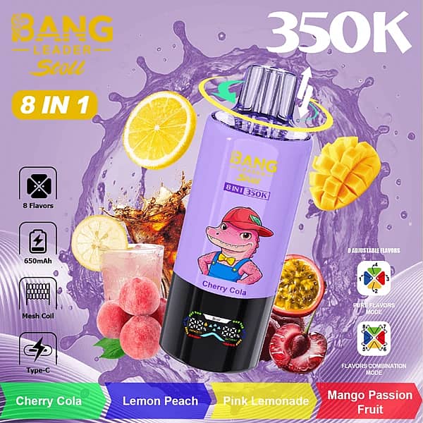 Bang Leader Stoll 350K 8 in 1 disposable vape in Cherry Cola, Lemon Peach, Pink Lemonade, and Mango Passion Fruit flavors with up to 350000 puffs, mesh coil, 650mAh battery, and Type-C charging