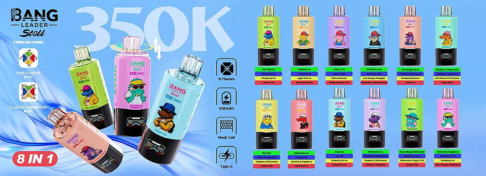 Bang Leader 350K 8In1 Flavors List Desc1 Bang Leader Stoll 350K 8 In 1 Disposable Vape Flavor Lineup Banner With Up To 350000 Puffs, Adjustable Flavor Switching, Mesh Coil, 650Mah Battery, Type-C Charging, And Multiple Flavor Combinations