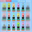 Bang Leader Stoll 350K 8 in 1 flavor list image showing 12 disposable vape flavor combinations, including Blue Razz Ice, Watermelon Ice, Strawberry Ice, Lemon Lime, Blueberry Ice, Tropical Fruit, Cherry Cola, Grape Ice, and more