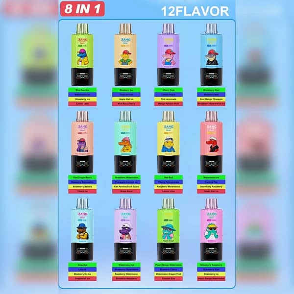 Bang Leader Stoll 350K 8 in 1 flavor list image showing 12 disposable vape flavor combinations, including Blue Razz Ice, Watermelon Ice, Strawberry Ice, Lemon Lime, Blueberry Ice, Tropical Fruit, Cherry Cola, Grape Ice, and more