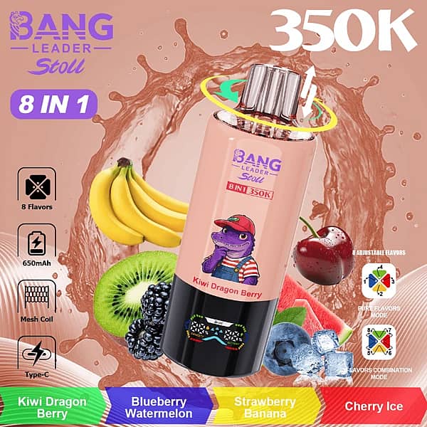 Bang Leader Stoll 350K 8 in 1 disposable vape in Kiwi Dragon Berry, Blueberry Watermelon, Strawberry Banana, and Cherry Ice flavors with up to 350000 puffs, mesh coil, 650mAh battery, and Type-C charging