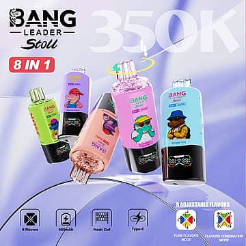 Bang Leader Stoll 350K 8 in 1 disposable vape main picture with up to 350000 puffs, adjustable flavor switching, mesh coil, 650mAh battery, and Type-C charging
