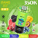 Bang Leader Stoll 350K 8 in 1 disposable vape in Peach Mango Watermelon, Blueberry Cherry, Watermelon Dragon Fruit, and Passion Kiss flavors with up to 350000 puffs, mesh coil, 650mAh battery, and Type-C charging