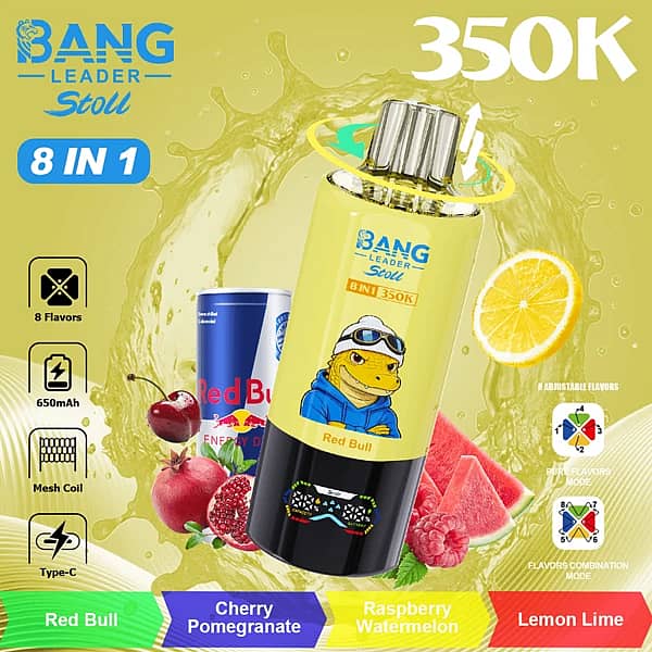 Bang Leader Stoll 350K 8 in 1 disposable vape in Red Bull, Cherry Pomegranate, Raspberry Watermelon, and Lemon Lime flavors with up to 350000 puffs, mesh coil, 650mAh battery, and Type-C charging