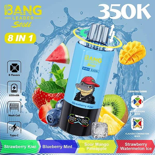 Bang Leader Stoll 350K 8 in 1 disposable vape in Strawberry Kiwi, Blueberry Mint, Sour Mango Pineapple, and Strawberry Watermelon Ice flavors with up to 350000 puffs, mesh coil, 650mAh battery, and Type-C charging