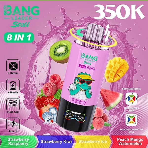 Bang Leader Stoll 350K 8 in 1 disposable vape in Strawberry Raspberry, Strawberry Kiwi, Strawberry Ice, and Peach Mango Watermelon flavors with up to 350000 puffs, mesh coil, 650mAh battery, and Type-C charging