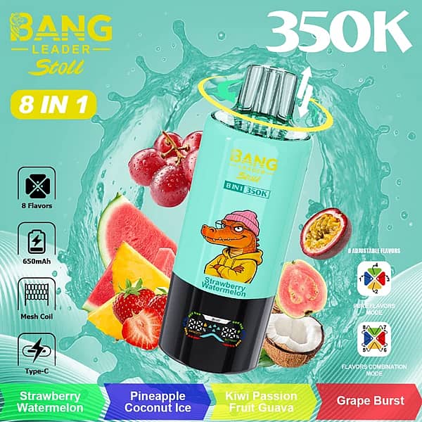 Bang Leader Stoll 350K 8 in 1 disposable vape in Strawberry Watermelon, Pineapple Coconut Ice, Kiwi Passion Fruit Guava, and Grape Burst flavors with up to 350000 puffs, mesh coil, 650mAh battery, and Type-C charging