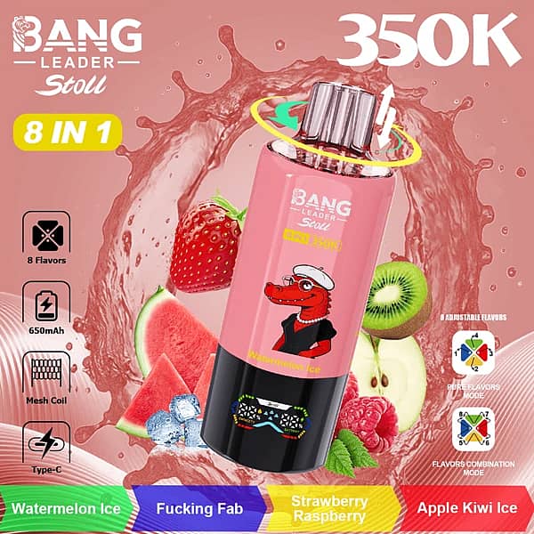 Bang Leader Stoll 350K 8 in 1 disposable vape in Watermelon Ice, Fucking Fab, Strawberry Raspberry, and Apple Kiwi Ice flavors with up to 350000 puffs, mesh coil, 650mAh battery, and Type-C charging