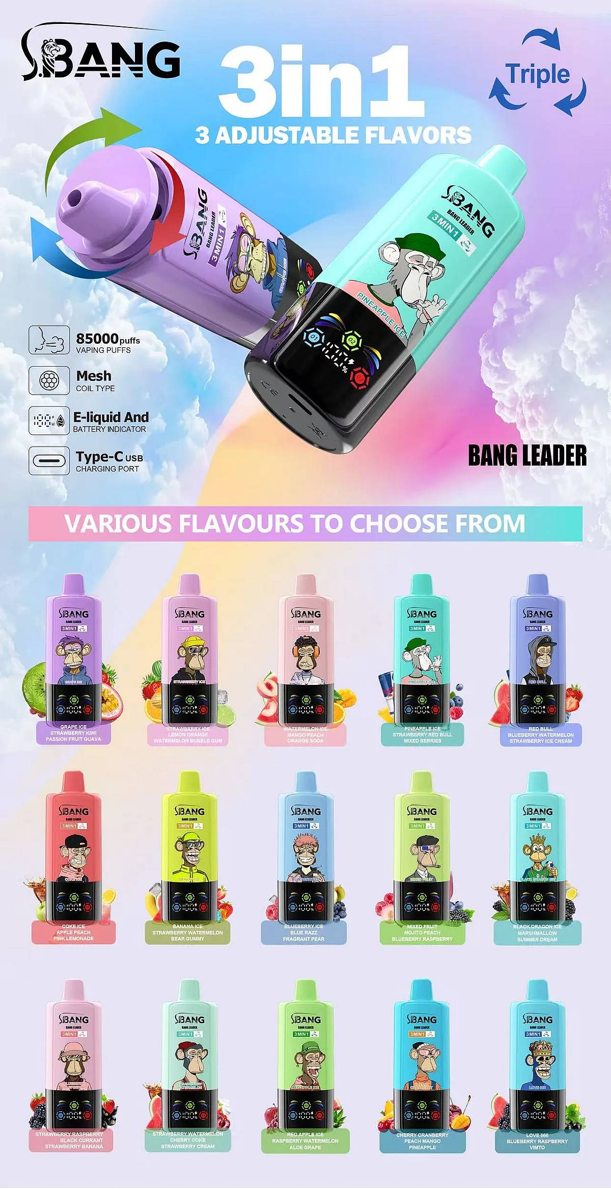 Bang Leader 85K 3 in 1 adjustable flavors disposable vape promotional chart with 85000 puffs, mesh coil, Type-C charging, e-liquid and battery indicator, and multiple flavor options