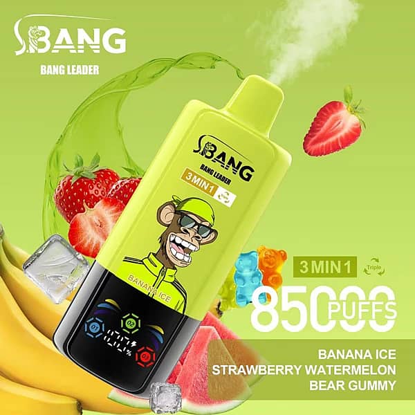 Bang Leader 85K 3 in 1 disposable vape in Banana Ice, Strawberry Watermelon, and Bear Gummy flavors with 85000 puffs and adjustable flavor design