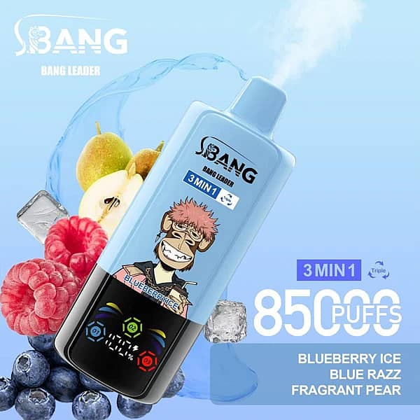 Bang Leader 85K 3 in 1 disposable vape in Blueberry Ice, Blue Razz, and Fragrant Pear flavors with 85000 puffs and adjustable flavor design
