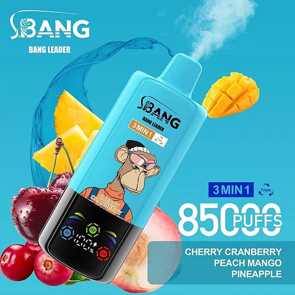 Bang Leader 85K 3 in 1 disposable vape in Cherry Cranberry, Peach Mango, and Pineapple flavors with 85000 puffs and adjustable flavor design