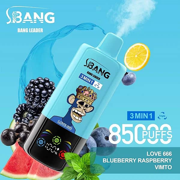 Bang Leader 85K 3 in 1 disposable vape in Love 666, Blueberry Raspberry, and Vimto flavors with 85000 puffs and adjustable flavor design