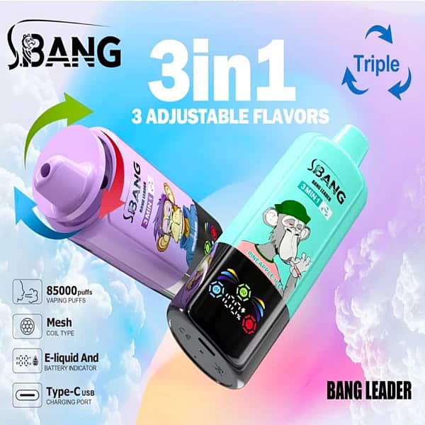 Bang Leader 85K 3 in 1 adjustable flavors disposable vape main picture with 85000 puffs, mesh coil, Type-C charging, and e-liquid and battery indicator