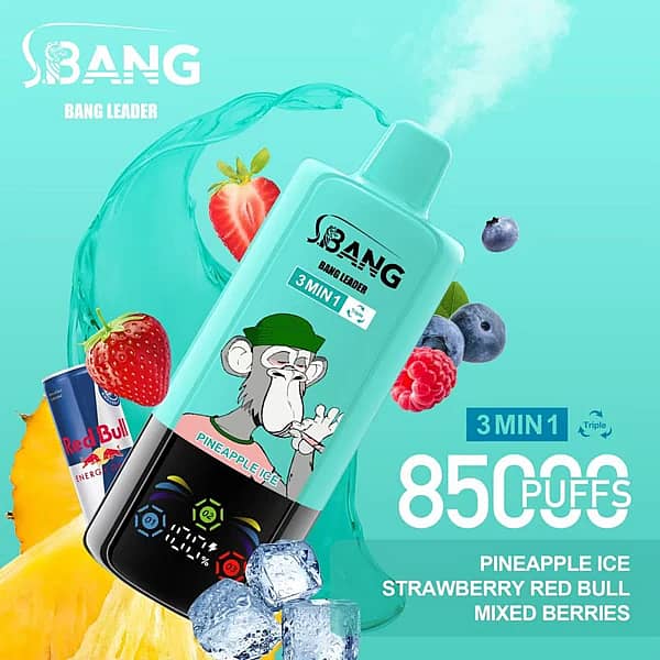 Bang Leader 85K 3 in 1 disposable vape in Pineapple Ice, Strawberry Red Bull, and Mixed Berries flavors with 85000 puffs and adjustable flavor design