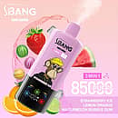 Bang Leader 85K 3 in 1 disposable vape in Strawberry Ice, Lemon Orange, and Watermelon Bubble Gum flavors with 85000 puffs and adjustable flavor design