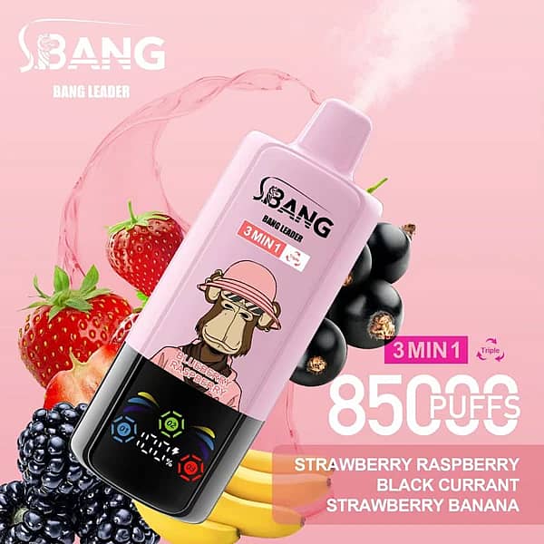 Bang Leader 85K 3 in 1 disposable vape in Strawberry Raspberry, Black Currant, and Strawberry Banana flavors with 85000 puffs and adjustable flavor design