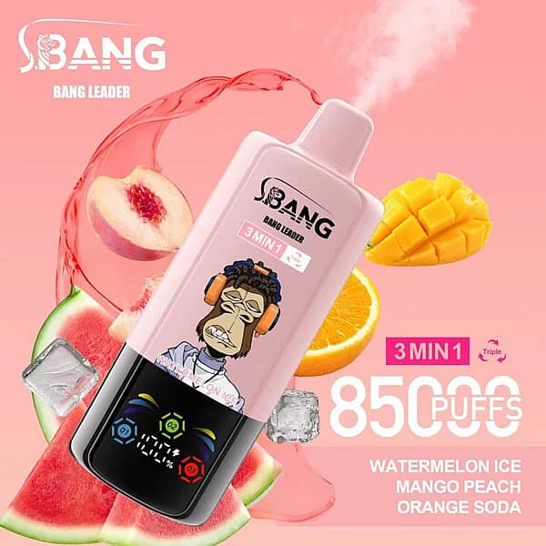 Bang Leader 85K 3 in 1 disposable vape in Watermelon Ice, Mango Peach, and Orange Soda flavors with 85000 puffs and adjustable flavor design