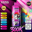 Bang Legend 300K 8 in 1 disposable vape in Apple Pear, Strawberry Mango, Strawberry Watermelon, and Blueberry Ice flavors with screen display, mesh coil, 850mAh battery, and Type-C rechargeable design