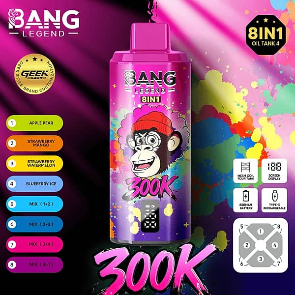 Bang Legend 300K 8 in 1 disposable vape in Apple Pear, Strawberry Mango, Strawberry Watermelon, and Blueberry Ice flavors with screen display, mesh coil, 850mAh battery, and Type-C rechargeable design