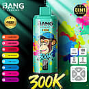 Bang Legend 300K 8 in 1 disposable vape in Gummy Bear, Mixed Berries, Strawberry Watermelon, and Lime Romance flavors with screen display, mesh coil, 850mAh battery, and Type-C rechargeable design