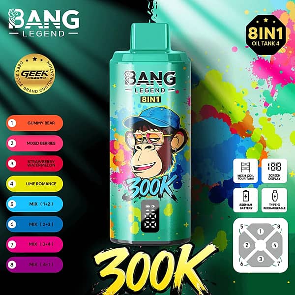 Bang Legend 300K 8 in 1 disposable vape in Gummy Bear, Mixed Berries, Strawberry Watermelon, and Lime Romance flavors with screen display, mesh coil, 850mAh battery, and Type-C rechargeable design