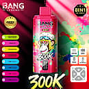 Bang Legend 300K 8 in 1 disposable vape in Kiwi Passion Fruit Guava, Grape Ice, Passion Kiss, and Watermelon Sour Peach flavors with screen display, mesh coil, 850mAh battery, and Type-C rechargeable design