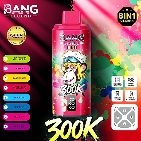 Bang Legend 300K 8 in 1 disposable vape in Kiwi Passion Fruit Guava, Grape Ice, Passion Kiss, and Watermelon Sour Peach flavors with screen display, mesh coil, 850mAh battery, and Type-C rechargeable design