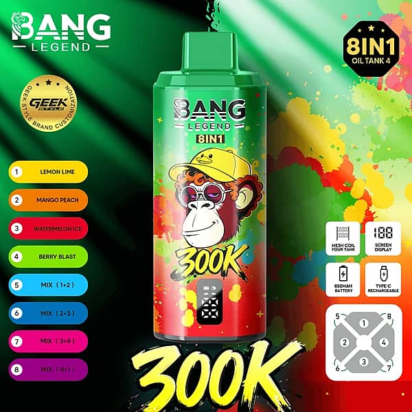 Bang Legend 300K 8 in 1 disposable vape in Lemon Sour Orange, Mango Peach, Watermelon Ice, and Berry Ice flavors with screen display, mesh coil, 850mAh battery, and Type-C rechargeable design