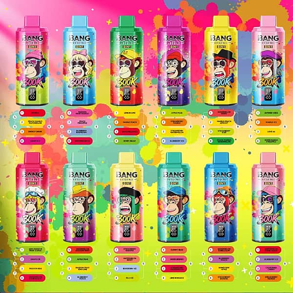 Bang Legend 300K 8 in 1 disposable vape full flavor lineup with up to 300000 puffs, multi-flavor switching design, rechargeable high-puff devices, and colorful Bang Legend 300K collection