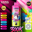 Bang Legend 300K 8 in 1 disposable vape in Mamba, Peach Mango Watermelon, Energy Drink, and Grape Ice flavors with screen display, mesh coil, 850mAh battery, and Type-C rechargeable design