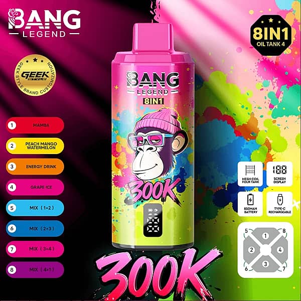 Bang Legend 300K 8 in 1 disposable vape in Mamba, Peach Mango Watermelon, Energy Drink, and Grape Ice flavors with screen display, mesh coil, 850mAh battery, and Type-C rechargeable design